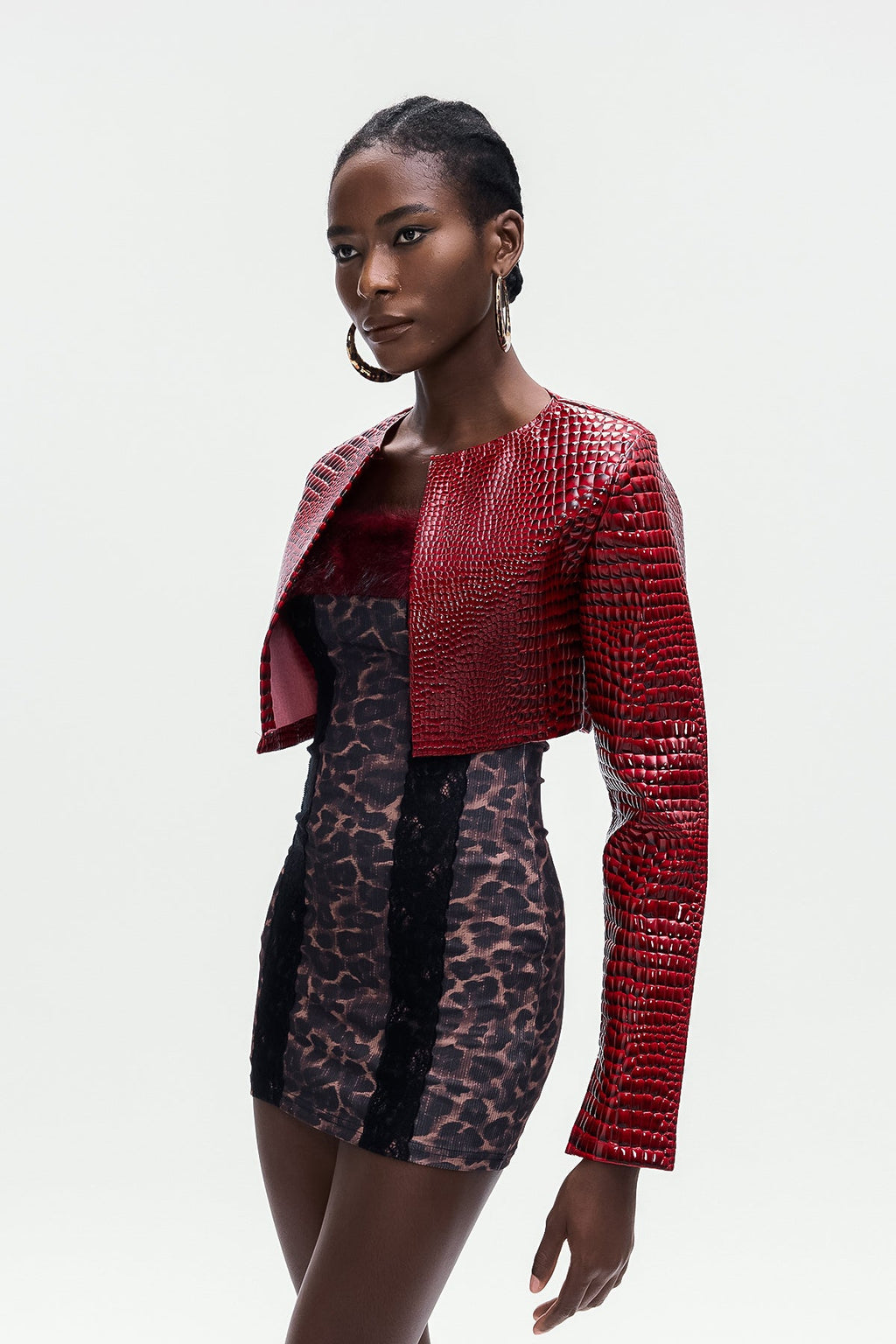 Beacher Crocodile Pattern Crop Leather Jacket