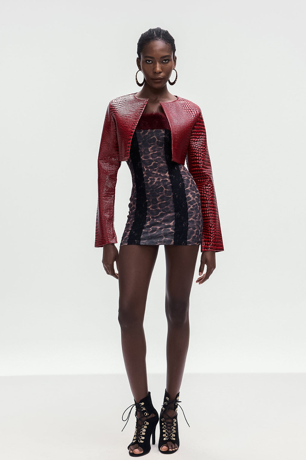 Beacher Crocodile Pattern Crop Leather Jacket