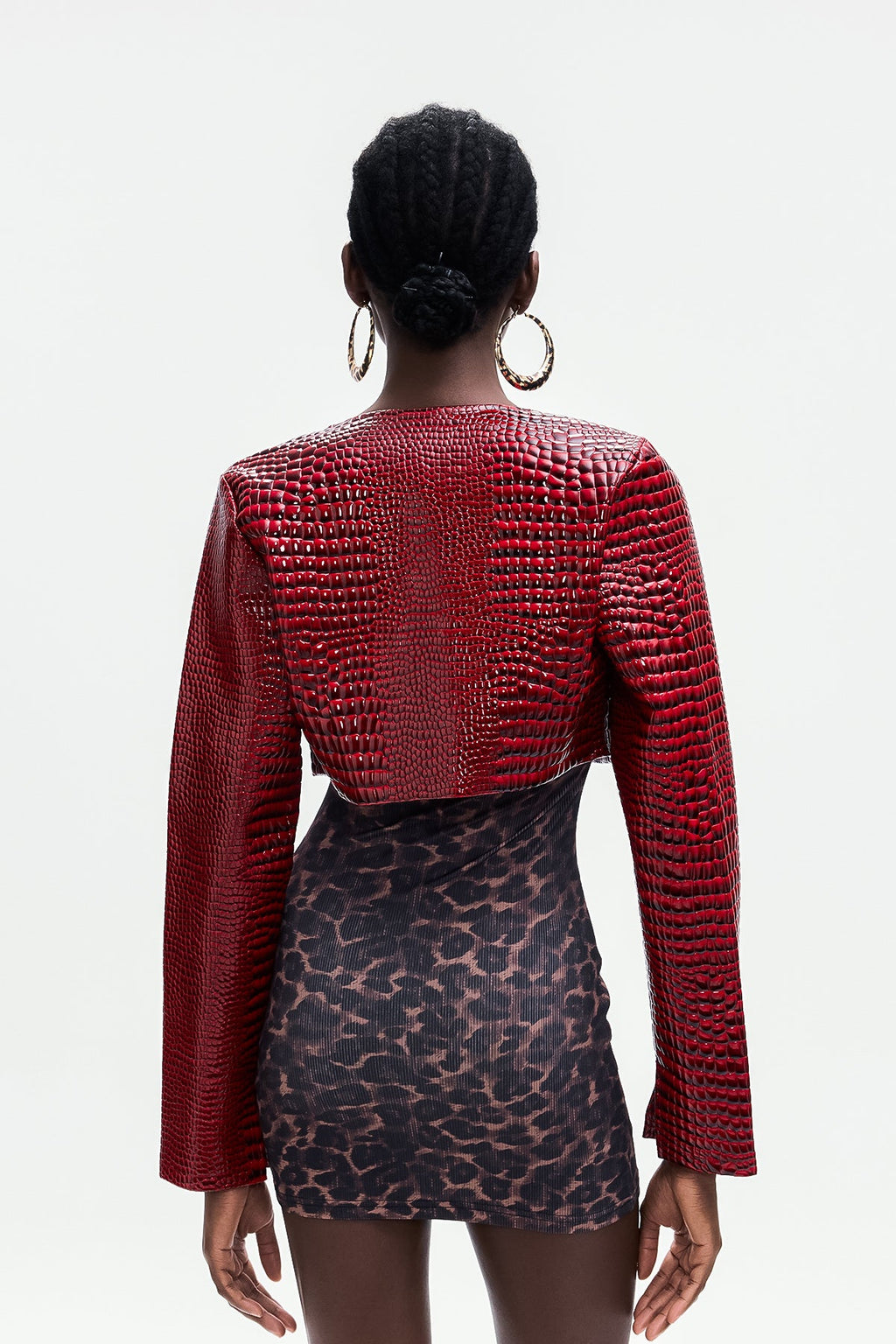 Beacher Crocodile Pattern Crop Leather Jacket