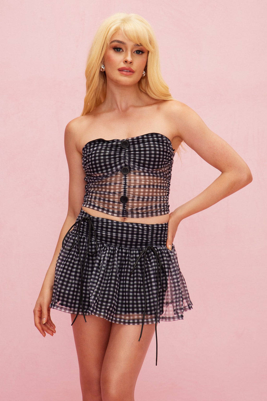 Bearnas Mesh Strapless Grid Ruffle Skirt Set