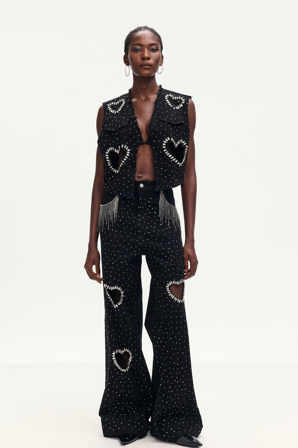 Beat Rhinestone Cutout Love Denim Pants Set