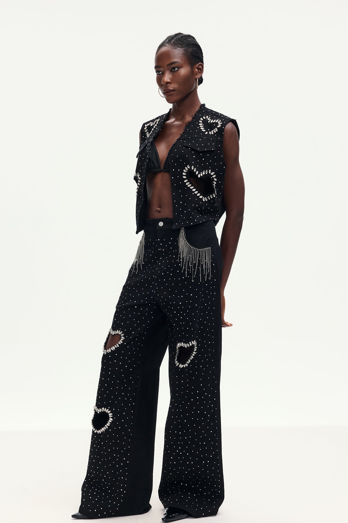 Beat Rhinestone Cutout Love Denim Pants Set
