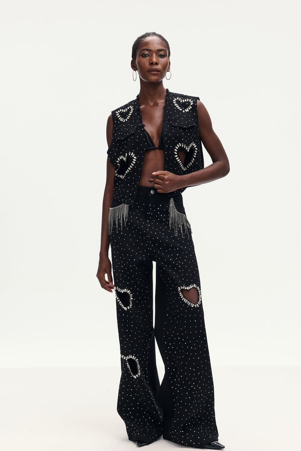 Beat Rhinestone Cutout Love Denim Pants Set