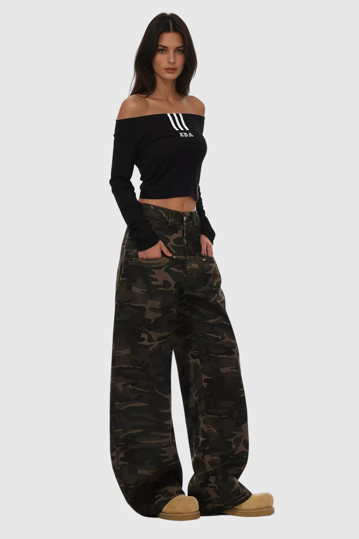 Becka Camouflage Print Curved Leg Jeans