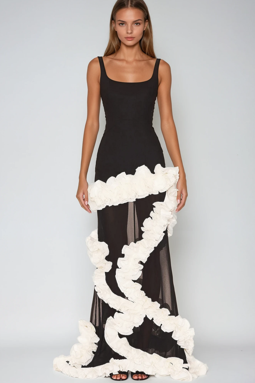 Beckah Mesh Ruffle Asymmetric Maxi Dress