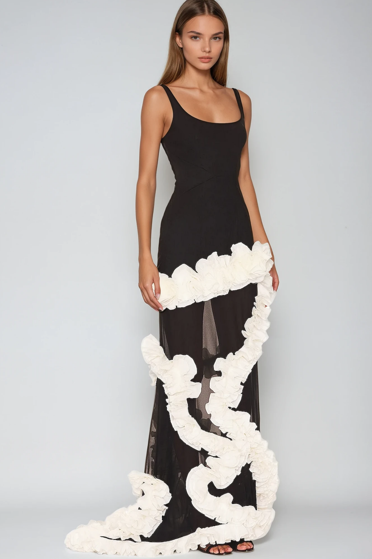 Beckah Mesh Ruffle Asymmetric Maxi Dress