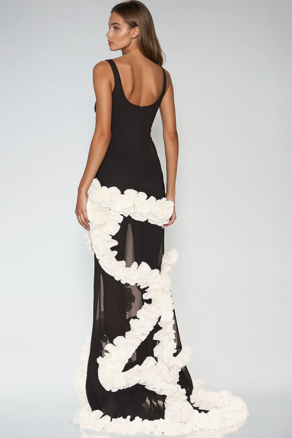 Beckah Mesh Ruffle Asymmetric Maxi Dress