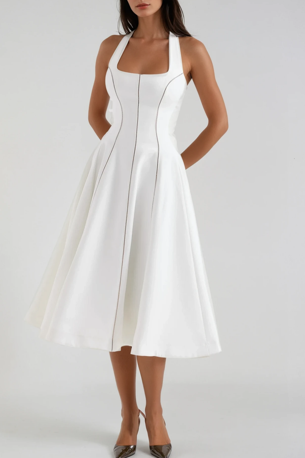 Beckham Halter Neck Stripe Ruffle Midi Dress