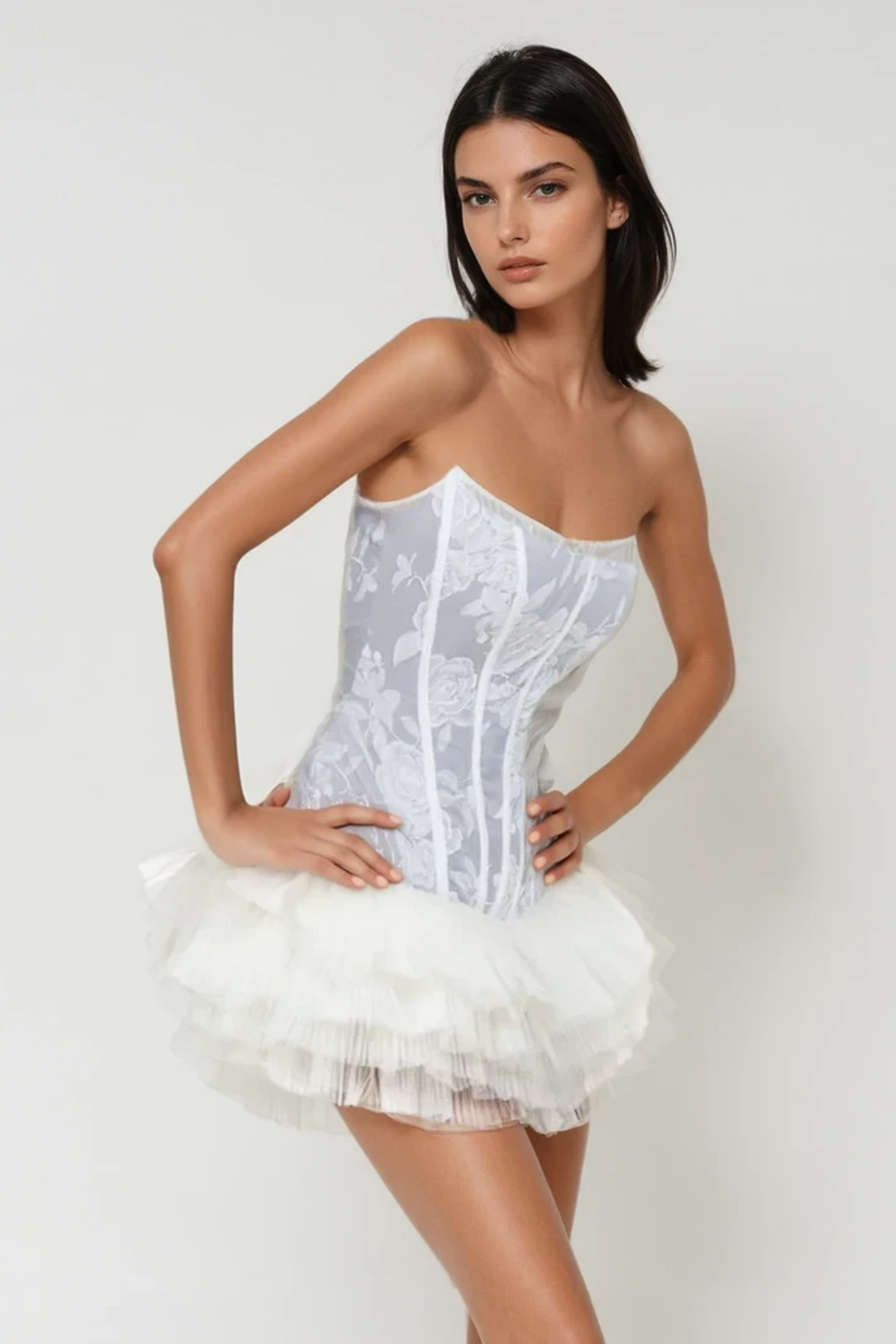 Beda Strapless Floral Mesh Ruch Mini Dress In Blue