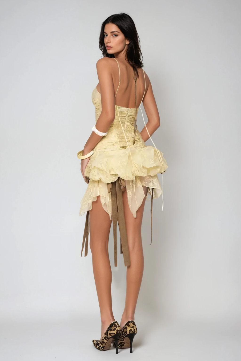 Bedagi Ruch Halter Neck Ruffle Fringe Mini Dress