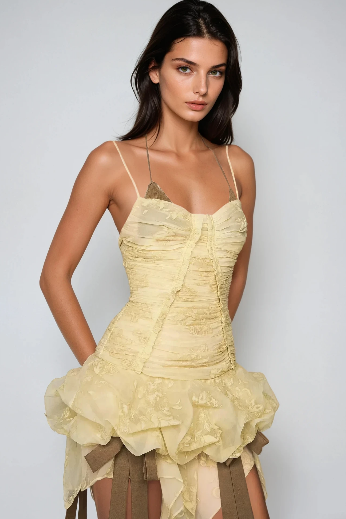 Bedagi Ruch Halter Neck Ruffle Fringe Mini Dress