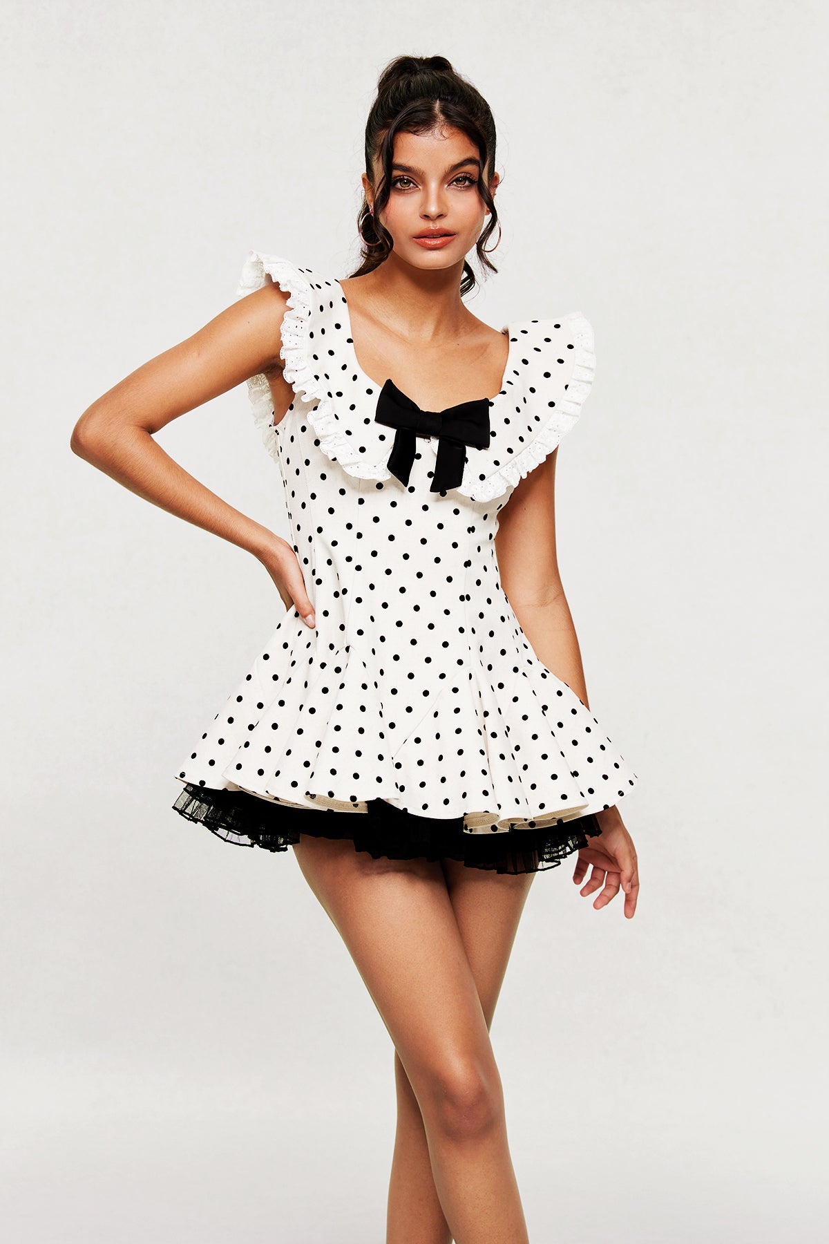 Bede Dot Plunge Lace Ruffle Mini Dress