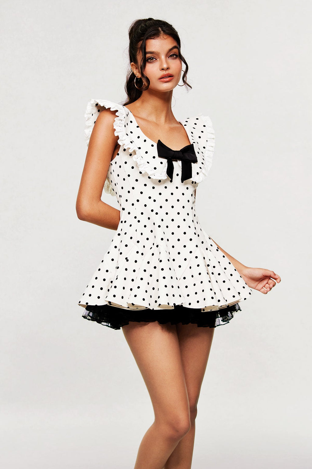 Bede Dot Plunge Lace Ruffle Mini Dress