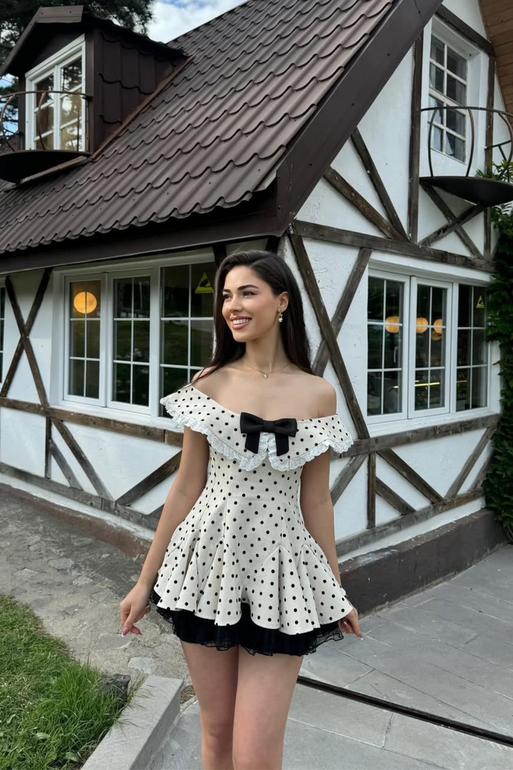 Bede Dot Plunge Lace Ruffle Mini Dress