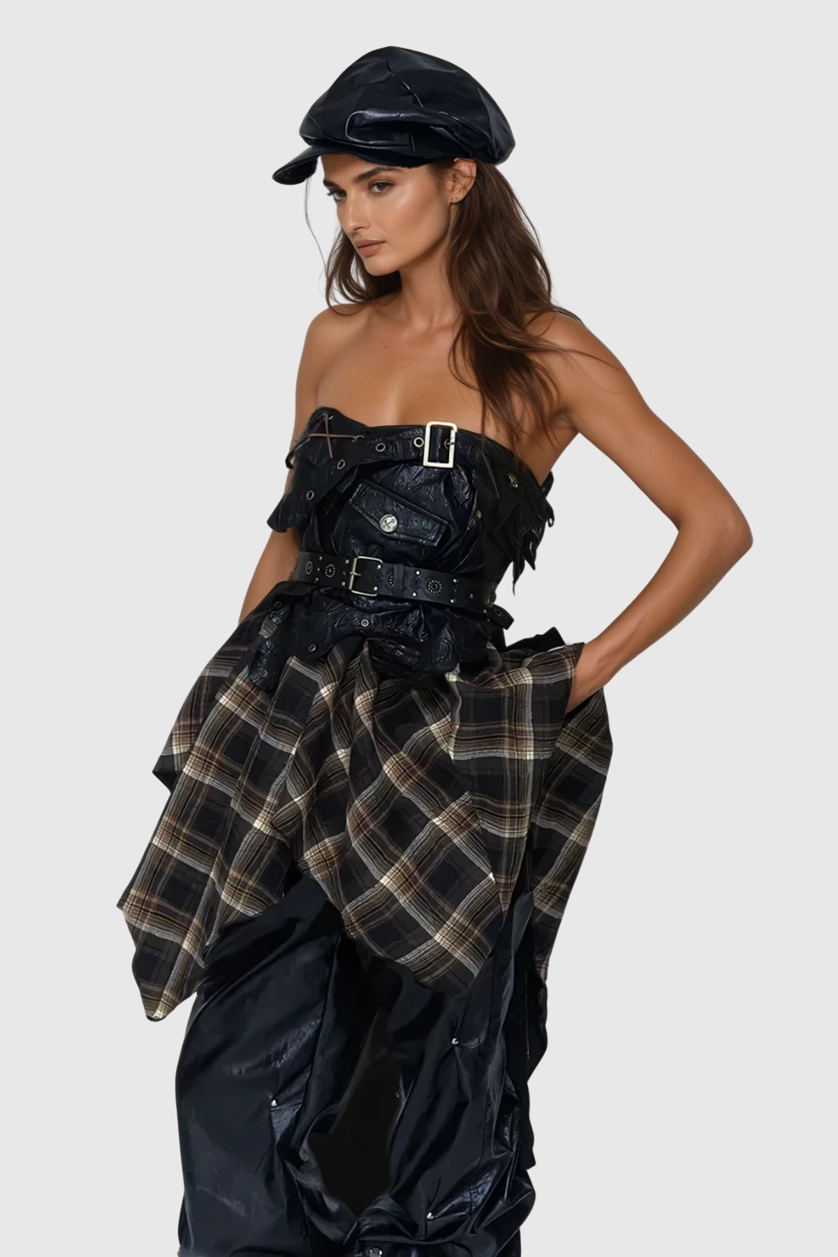 Beena Grid Asymmetric Buckle Lace Up Skirt