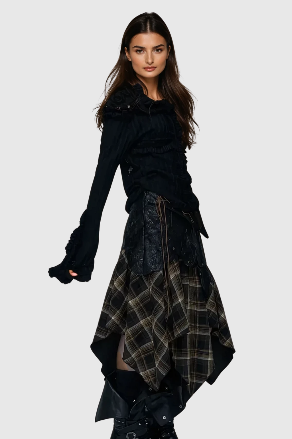 Beena Grid Asymmetric Buckle Lace Up Skirt