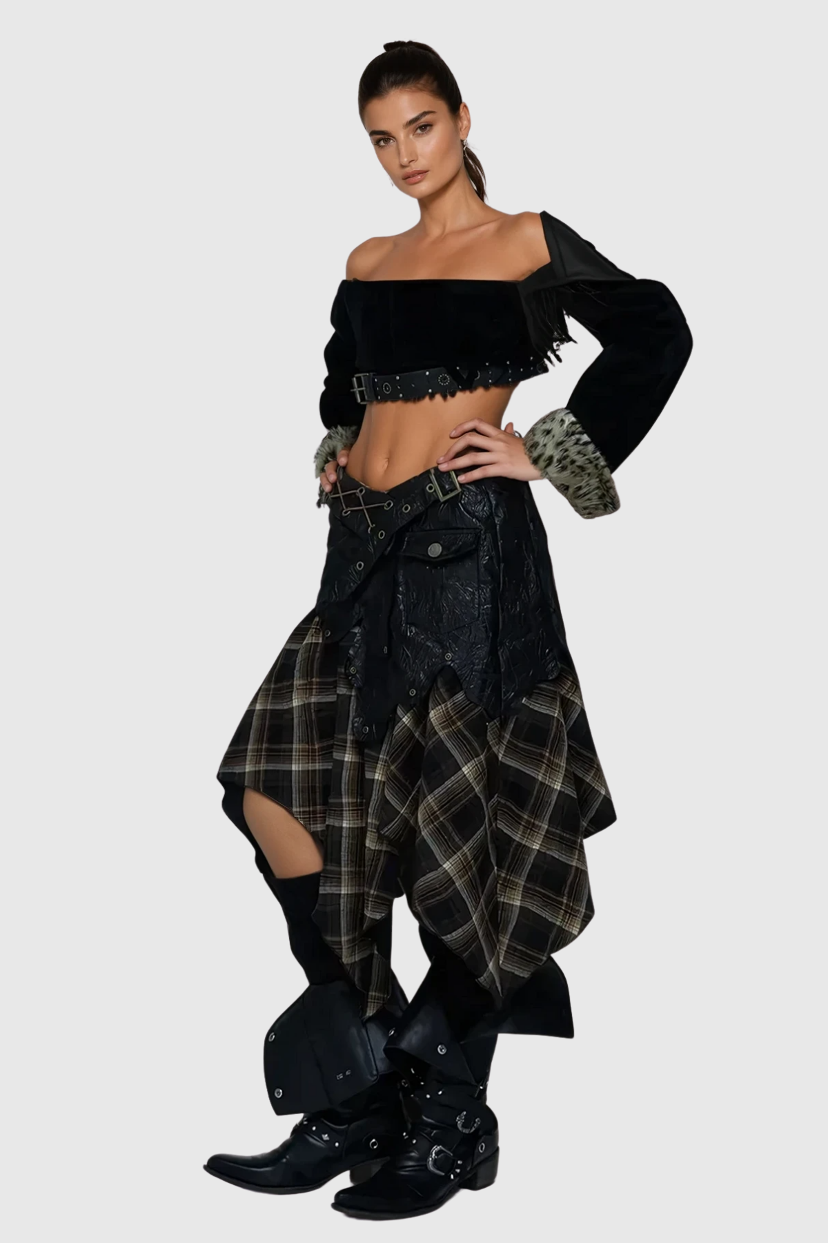 Beena Grid Asymmetric Buckle Lace Up Skirt