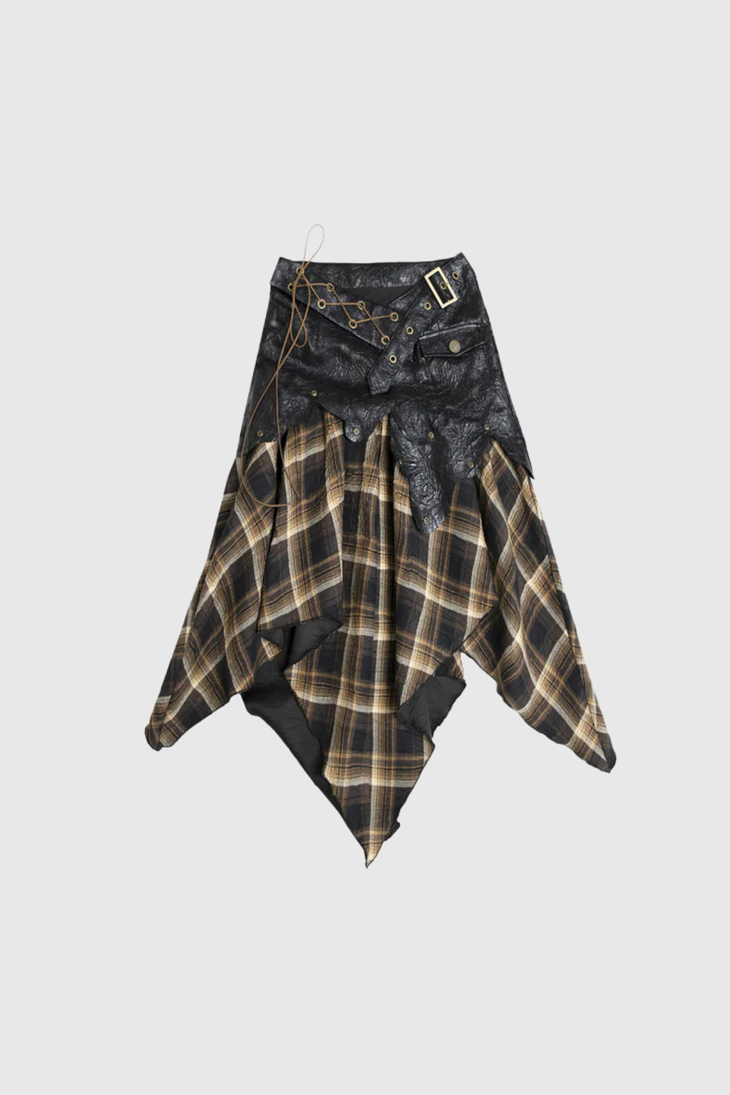 Beena Grid Asymmetric Buckle Lace Up Skirt