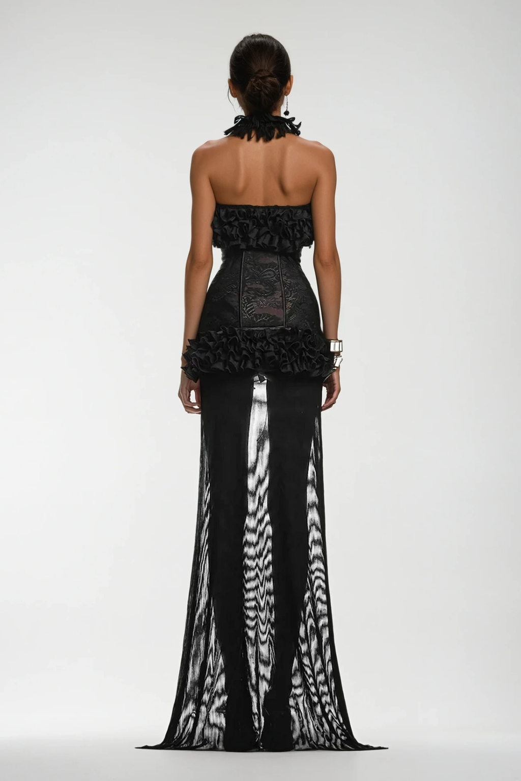 Begum Mesh Ruffle Lace Up Asymmetric Mini Dress