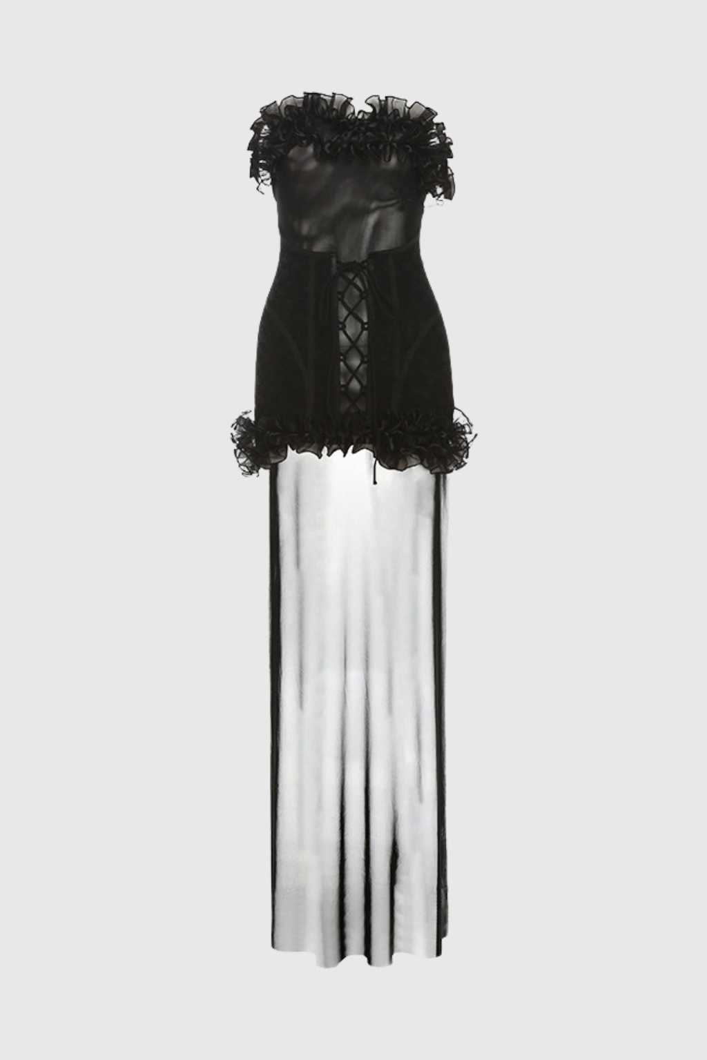 Begum Mesh Ruffle Lace Up Asymmetric Mini Dress