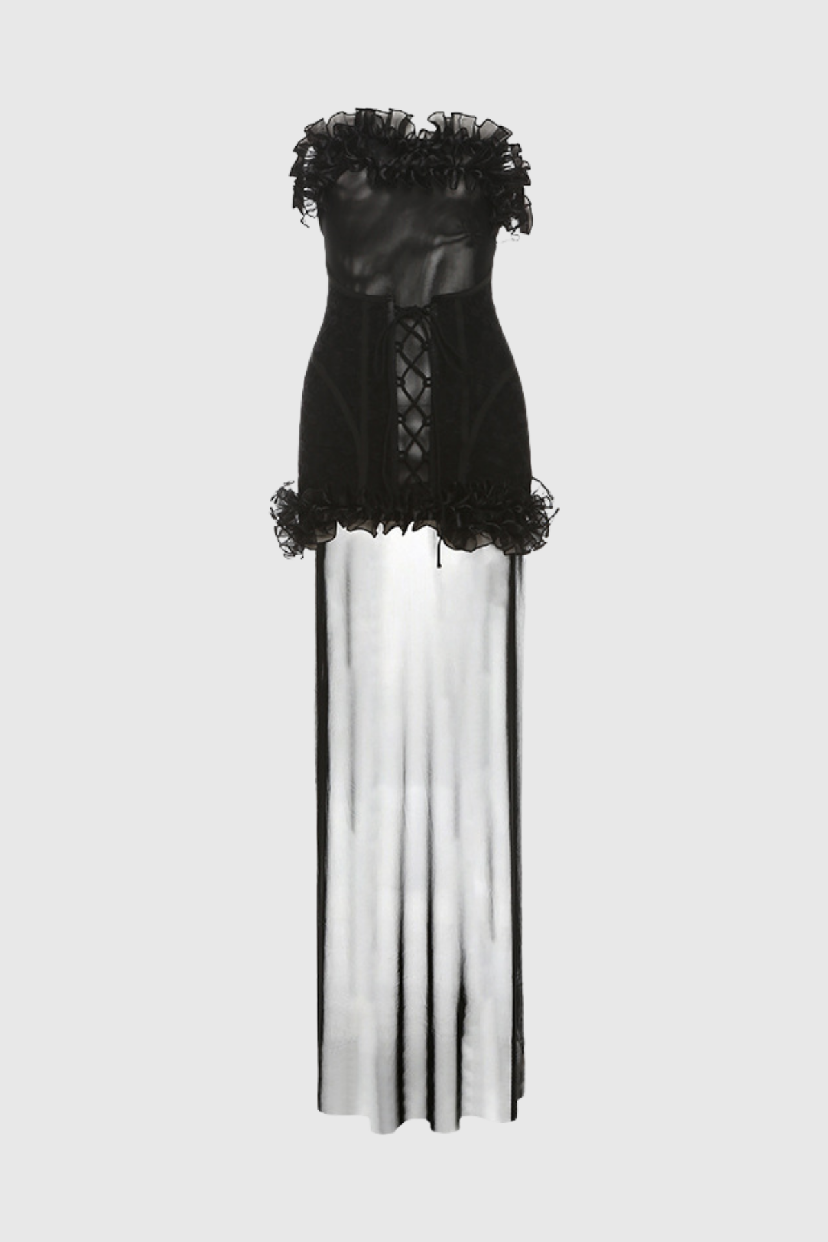 Begum Mesh Ruffle Lace Up Asymmetric Mini Dress