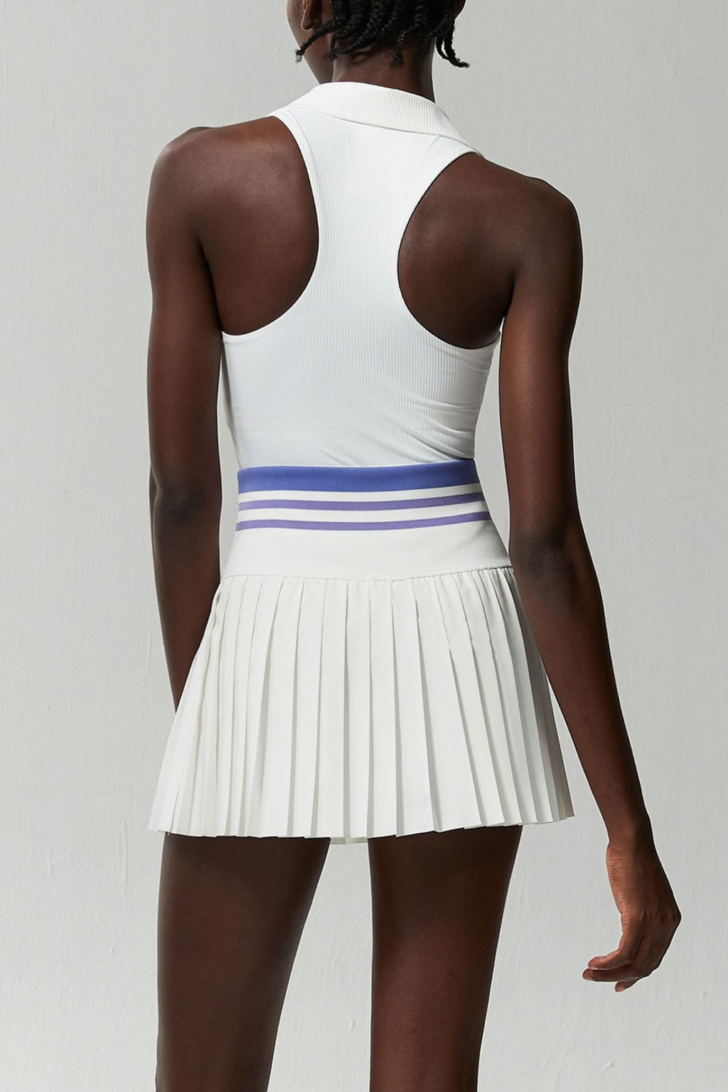 Beil Lapel Sleeveless Ruch Stripe Skirt Set In White
