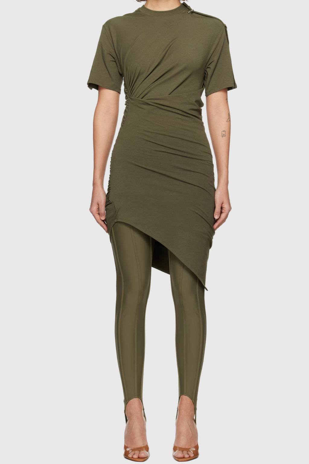 Belgin Ruch Asymmetric Short Sleeve Mini Dress In Green