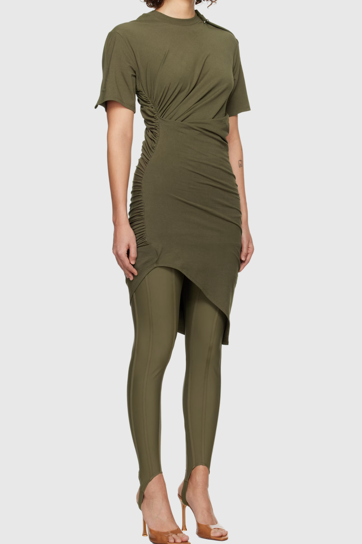 Belgin Ruch Asymmetric Short Sleeve Mini Dress In Green