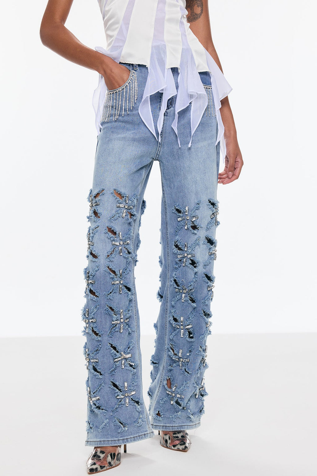 Belicia Rhinestone Fringe Ripped Jeans