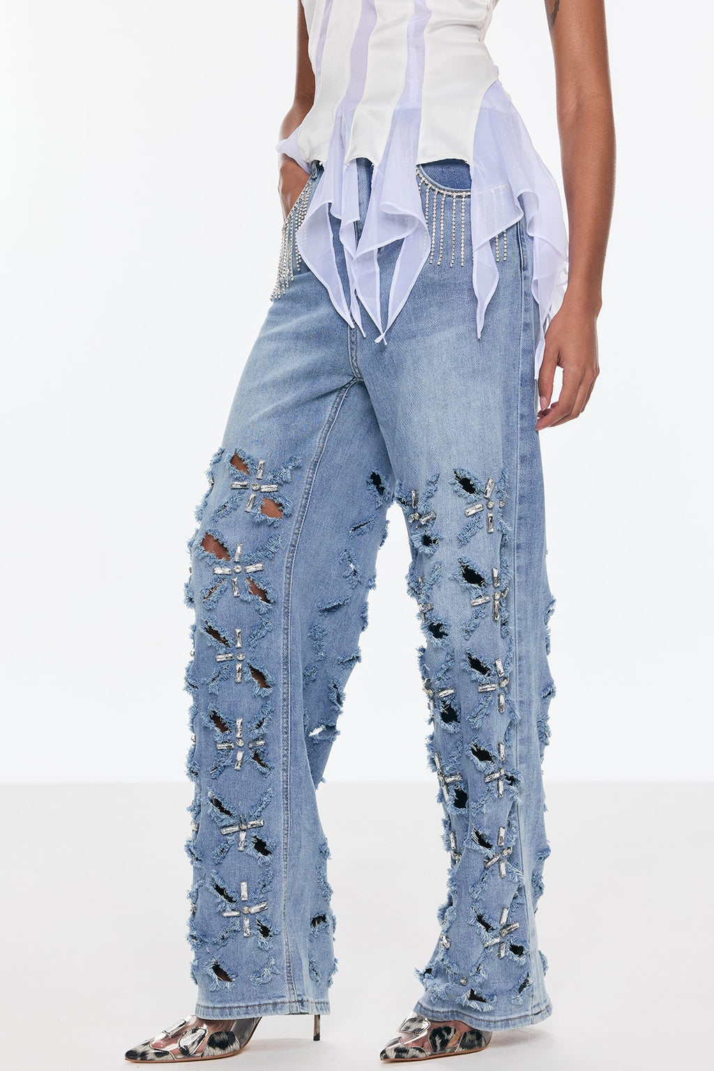 Belicia Rhinestone Fringe Ripped Jeans