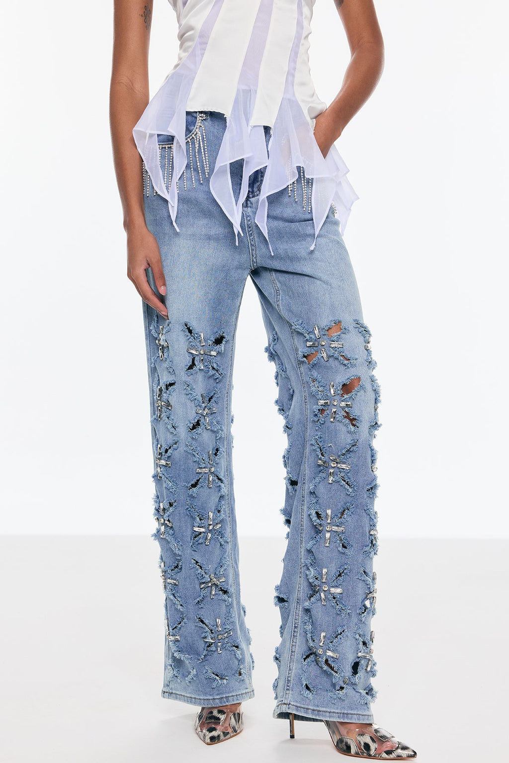 Belicia Rhinestone Fringe Ripped Jeans