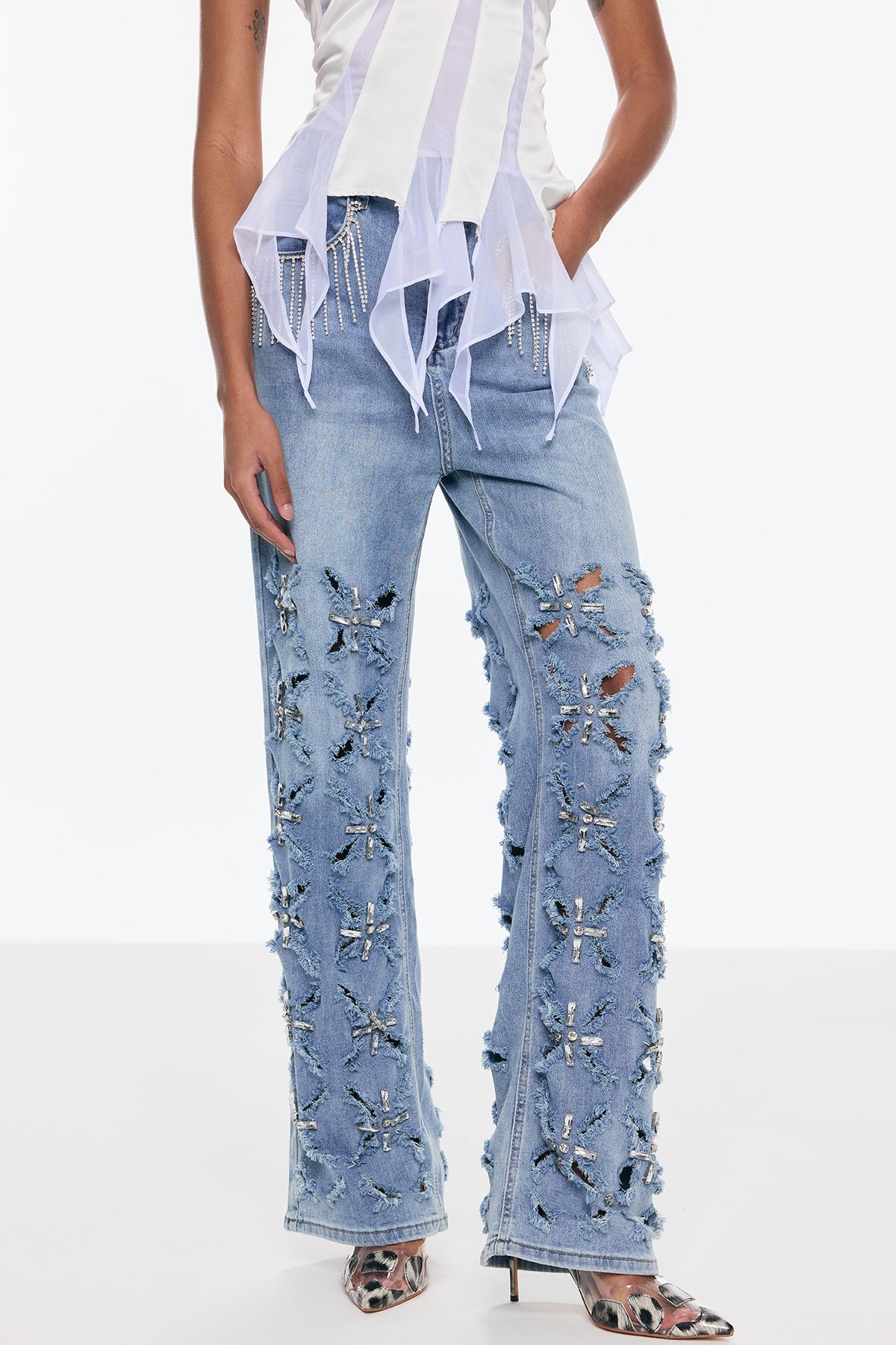 Belicia Rhinestone Fringe Ripped Jeans