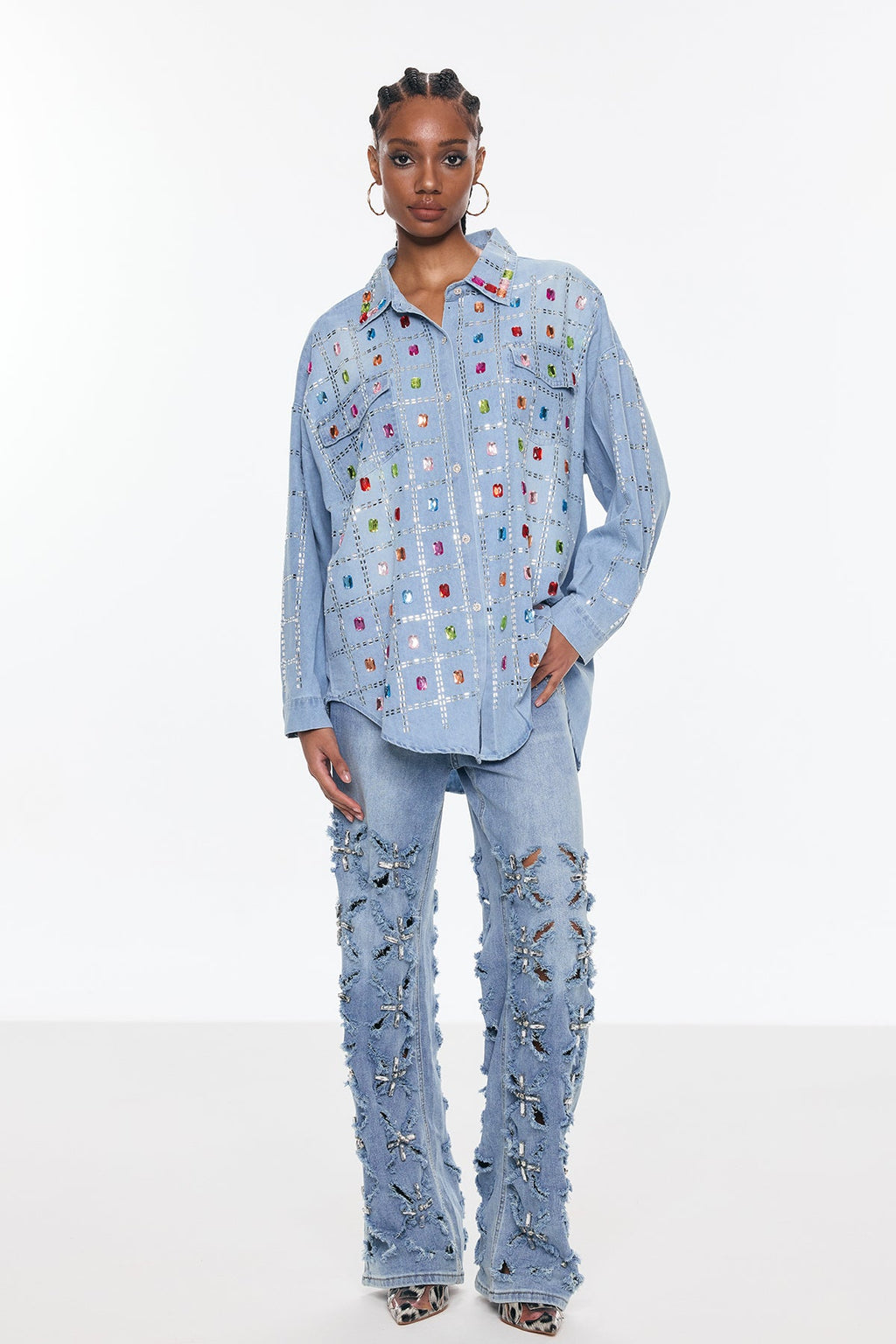 Belisario Rhinestone Grid Denim Shirt