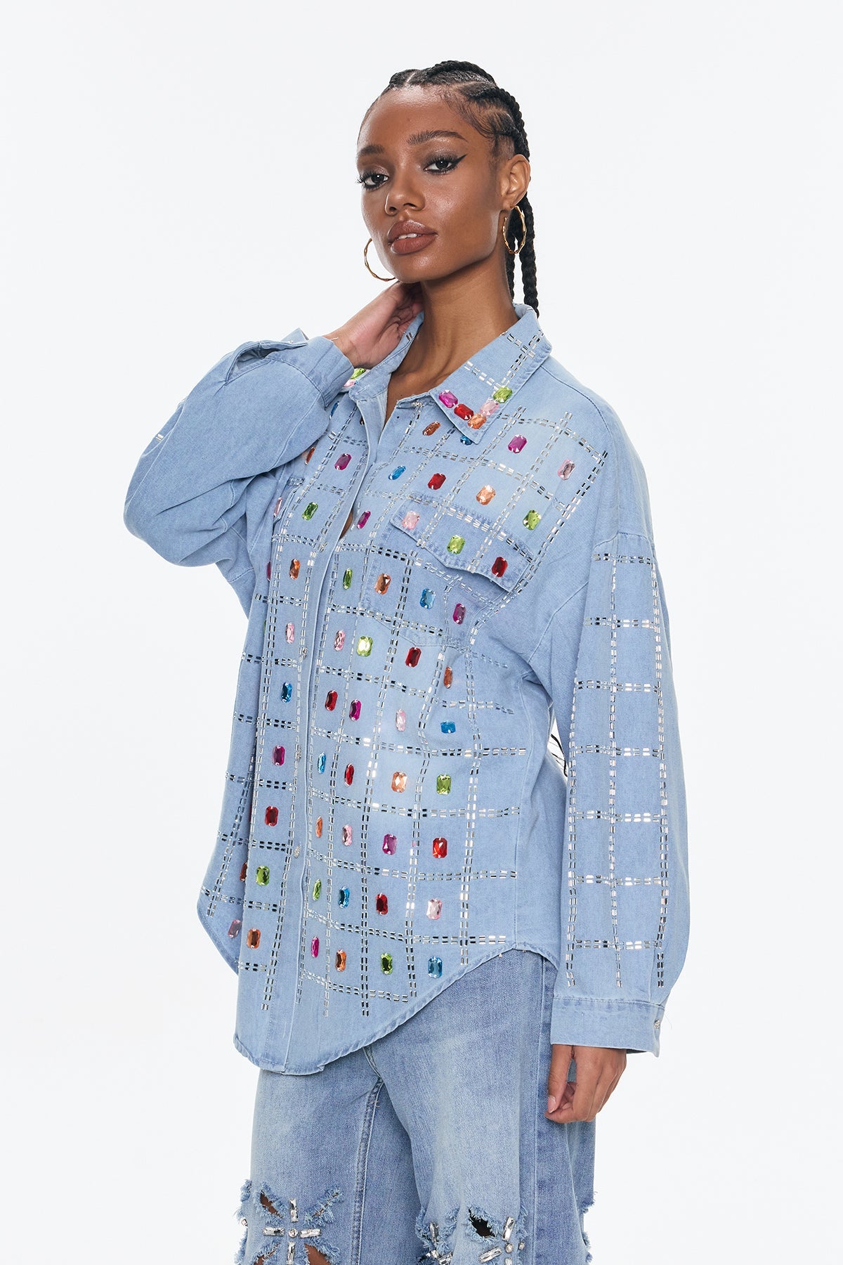 Belisario Rhinestone Grid Denim Shirt