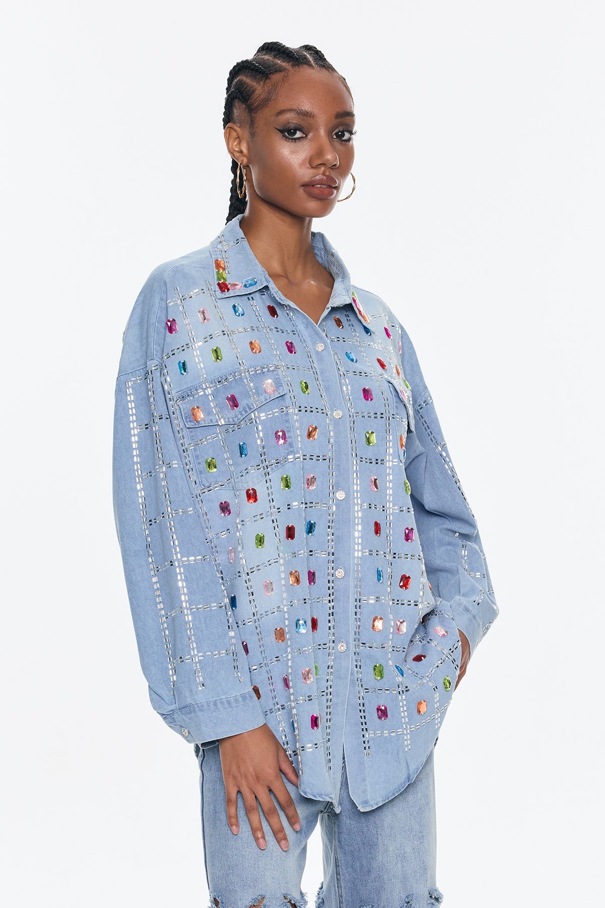 Belisario Rhinestone Grid Denim Shirt