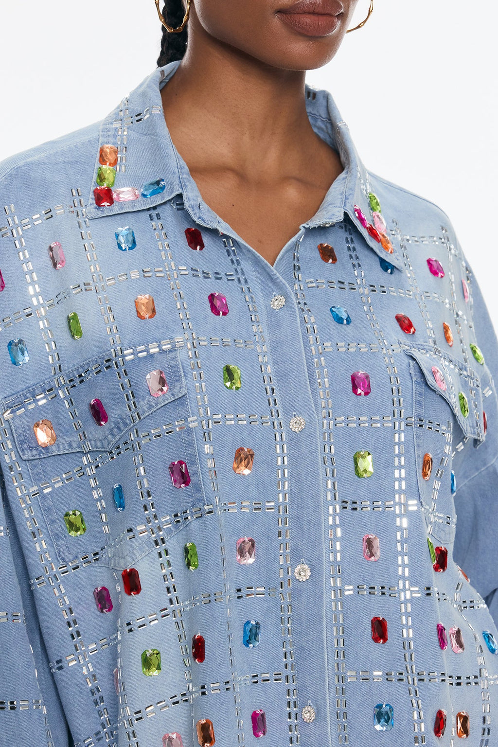 Belisario Rhinestone Grid Denim Shirt