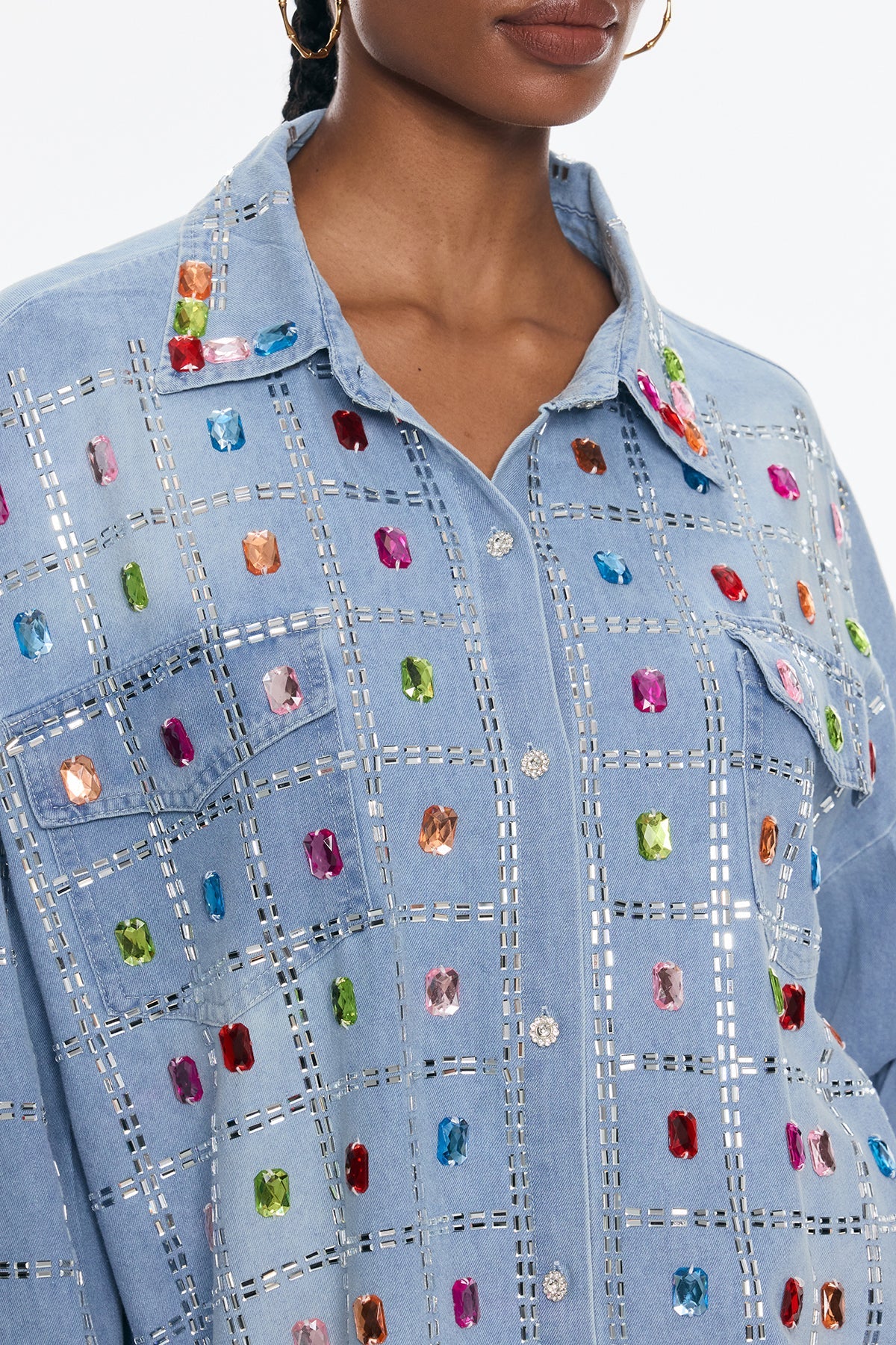 Belisario Rhinestone Grid Denim Shirt