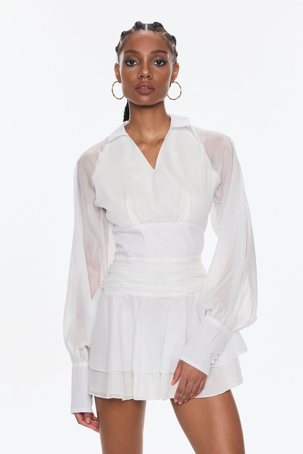 Bellachay Plunge Ruch Ruffle Mesh Mini Dress