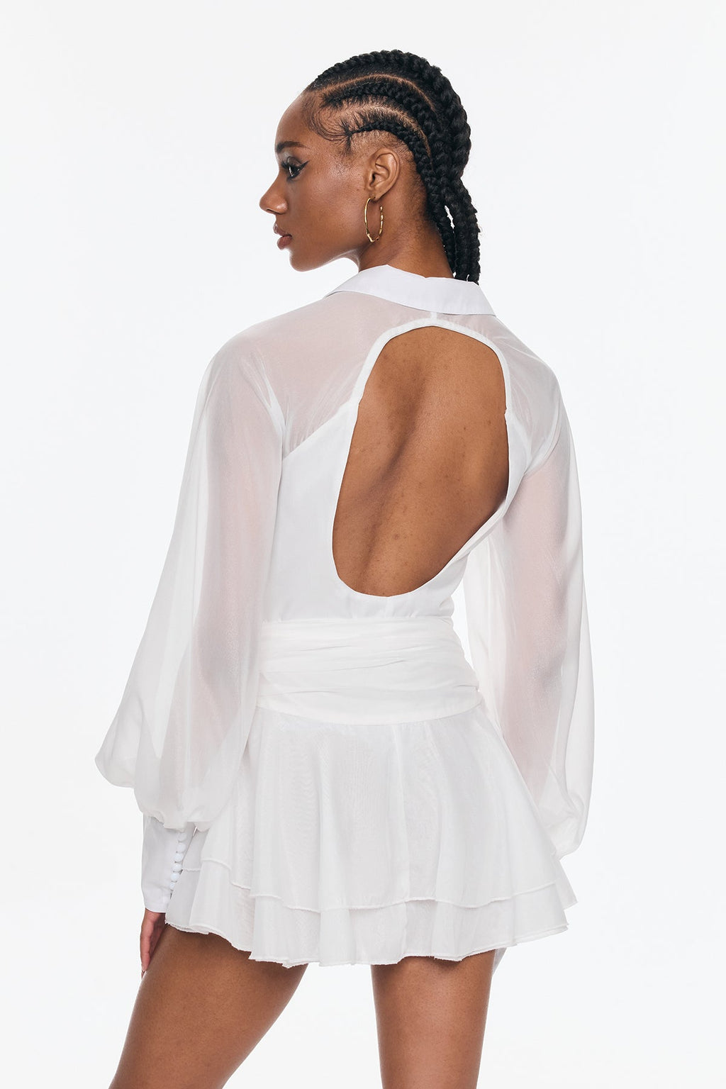 Bellachay Plunge Ruch Ruffle Mesh Mini Dress