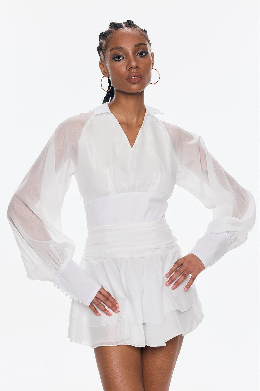 Bellachay Plunge Ruch Ruffle Mesh Mini Dress