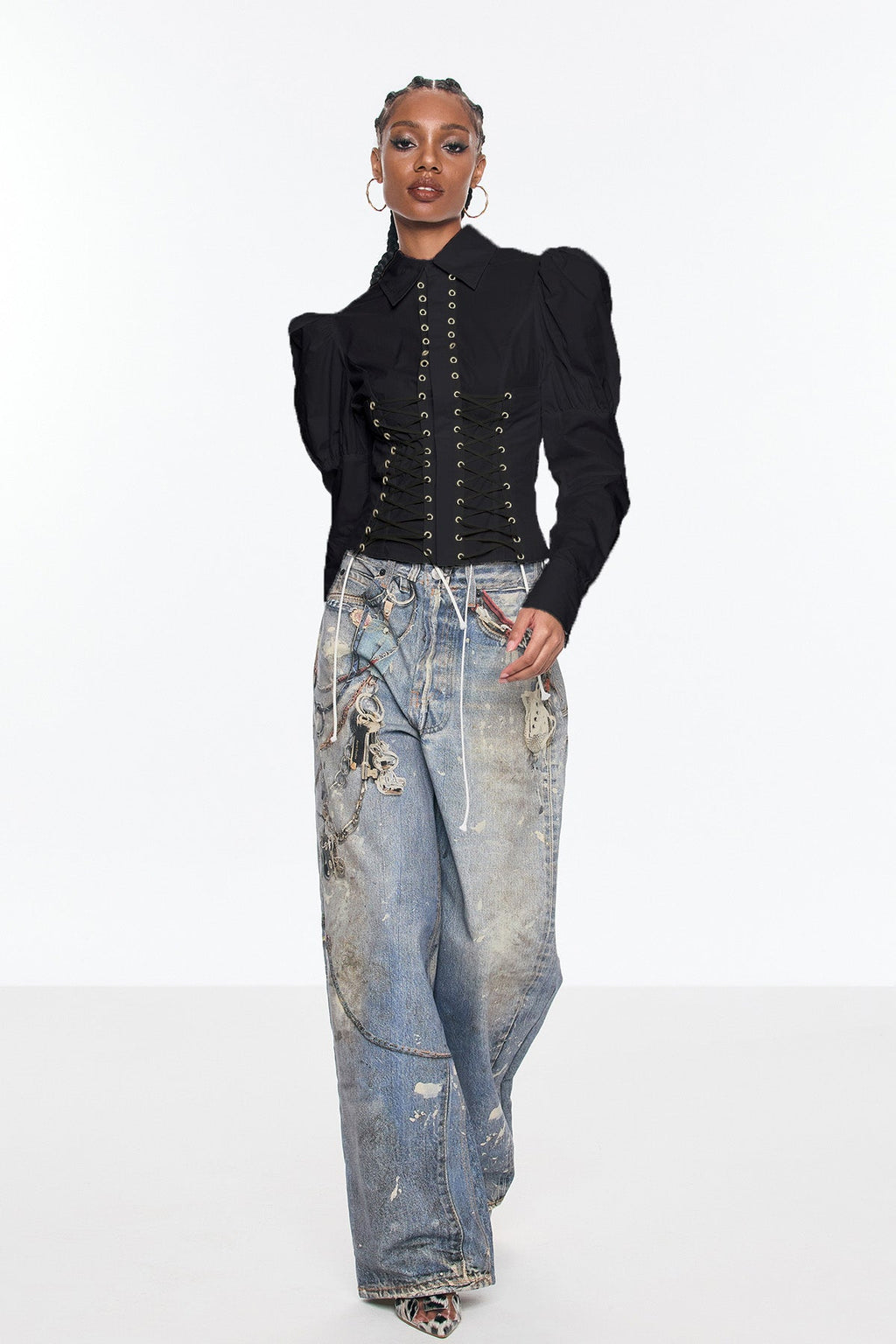 Belvedere Lace Up Puff Sleeve Top In Black