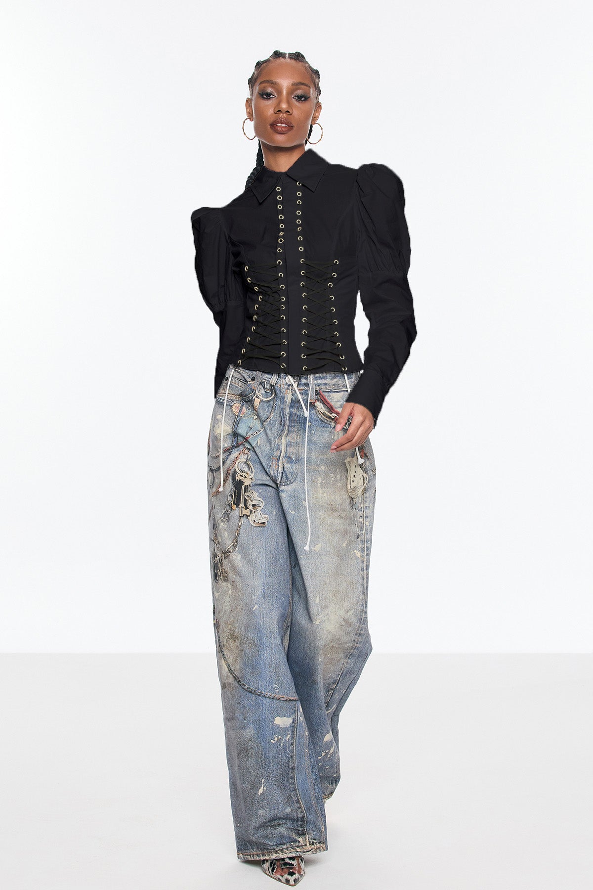 Belvedere Lace Up Puff Sleeve Top In Black