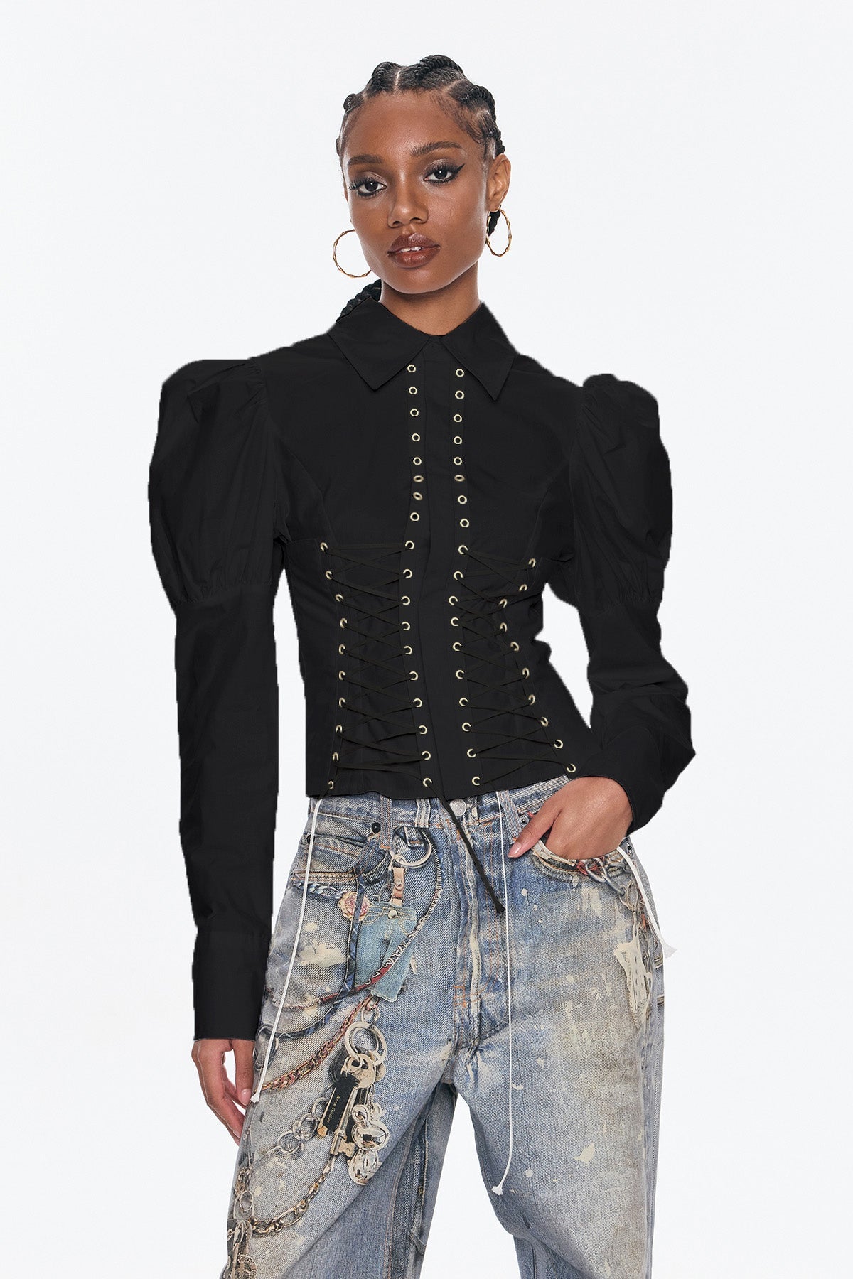 Belvedere Lace Up Puff Sleeve Top In Black