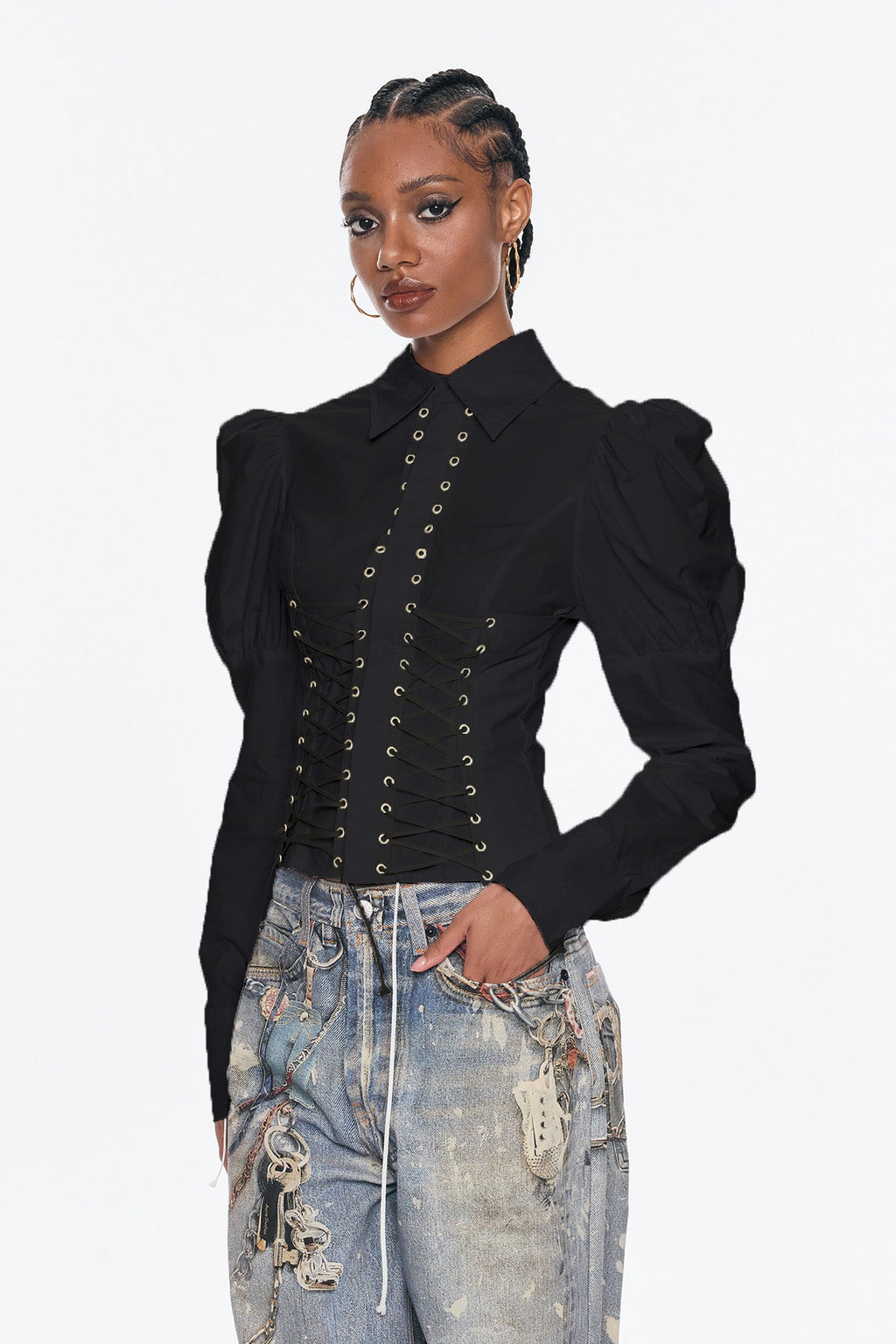 Belvedere Lace Up Puff Sleeve Top In Black