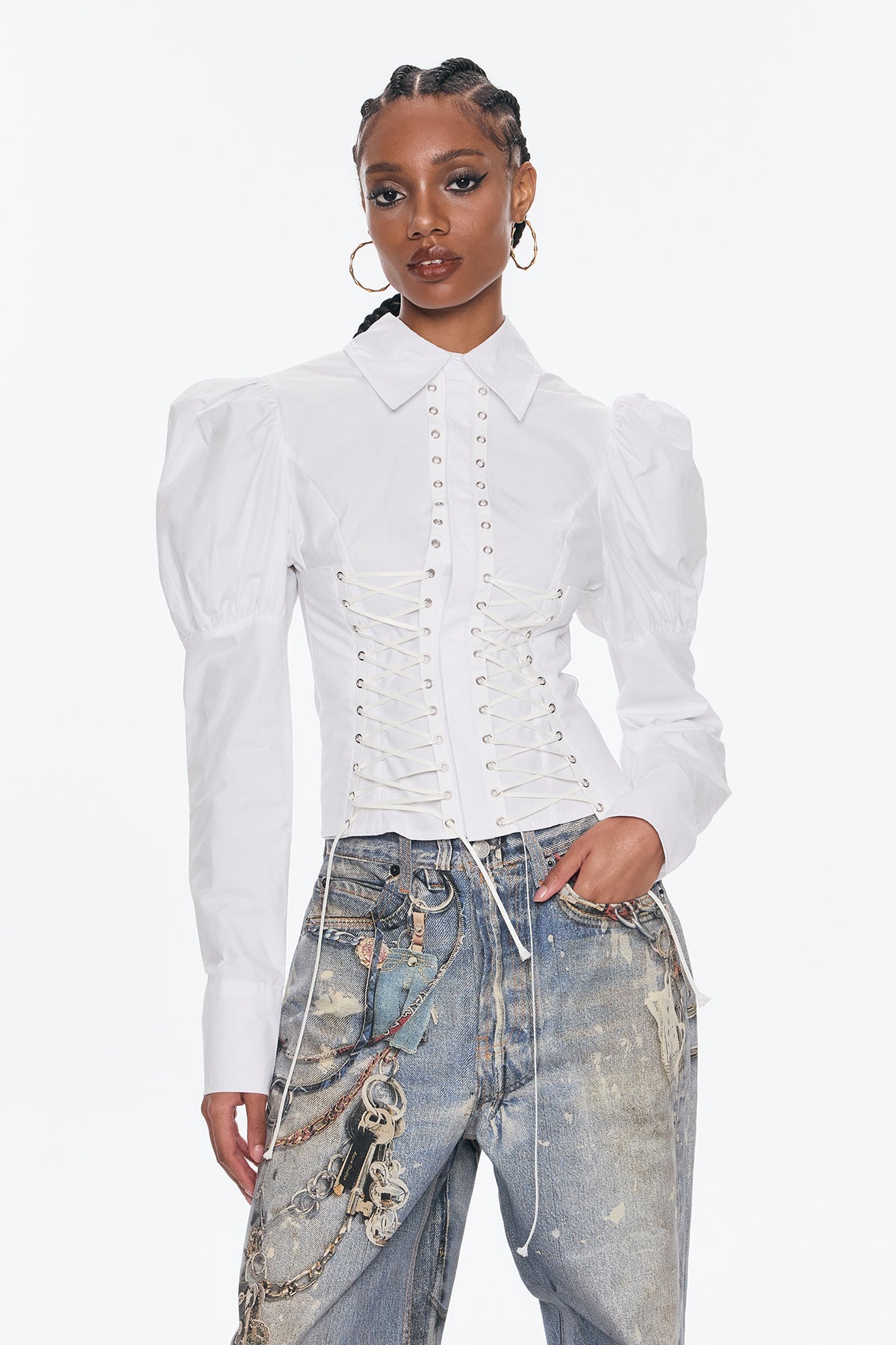 Belvedere Lace Up Puff Sleeve Top In White