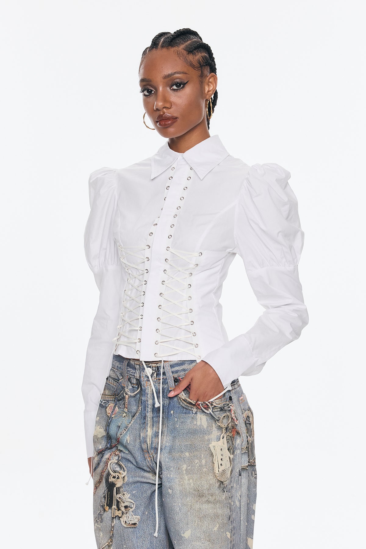 Belvedere Lace Up Puff Sleeve Top In White