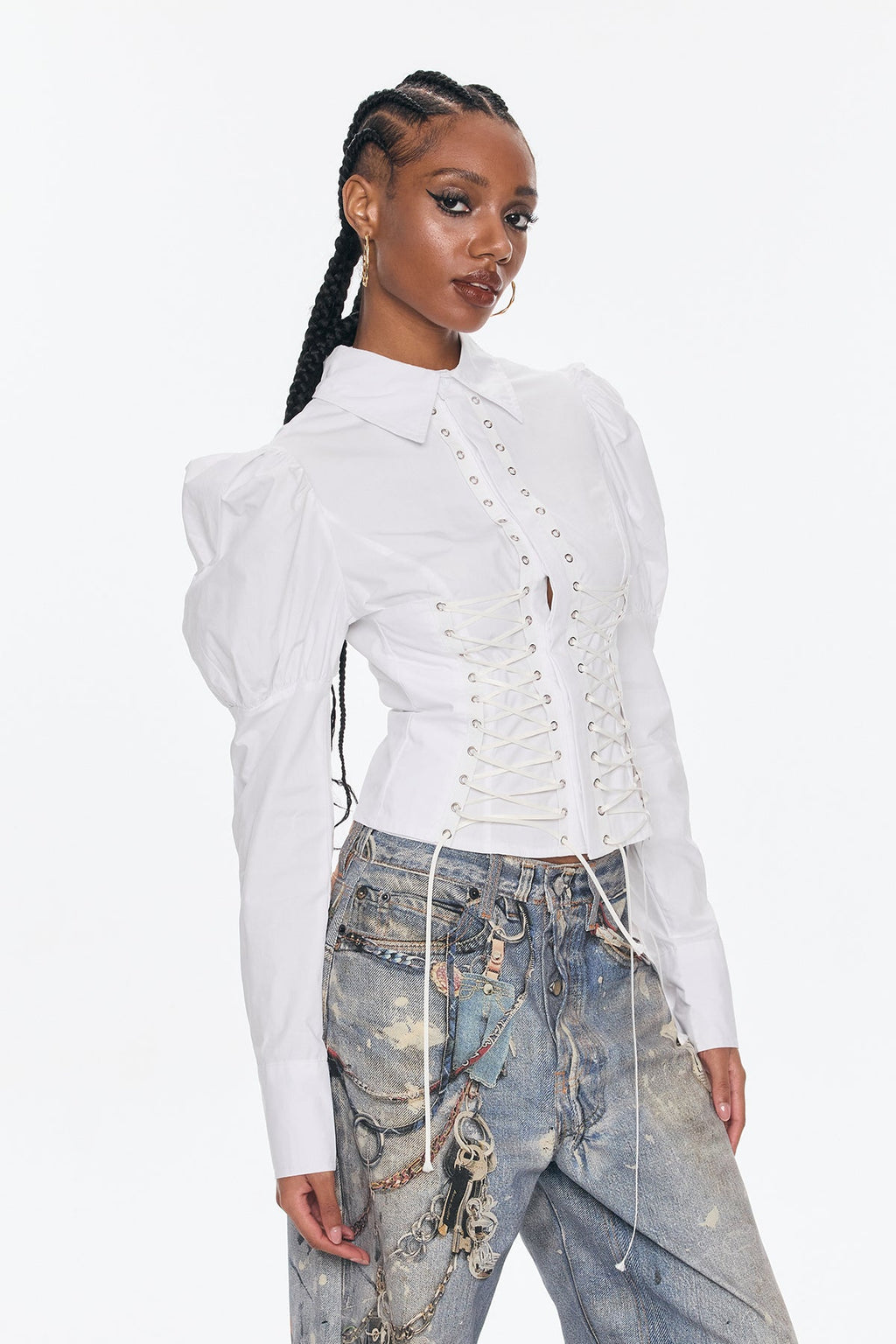 Belvedere Lace Up Puff Sleeve Top In White