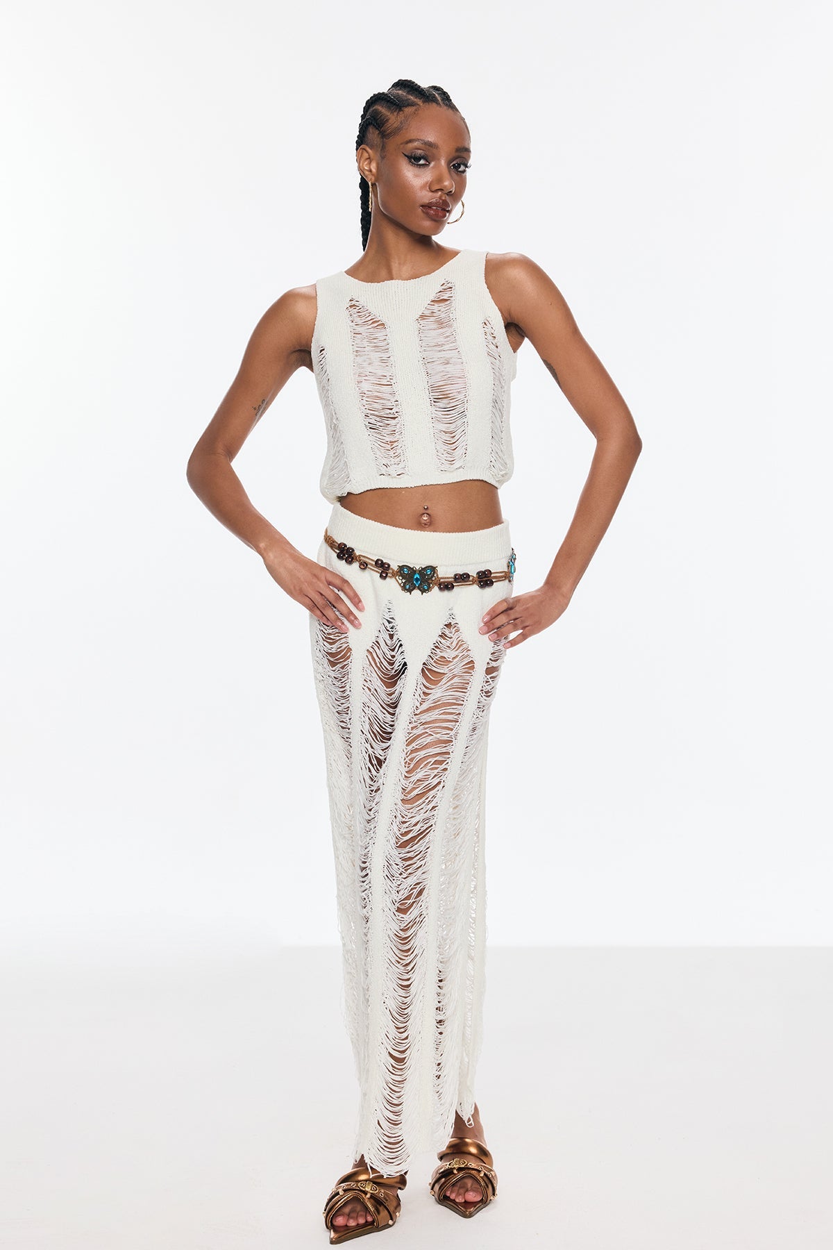 Bem Ripped Cutout Split Knit Skirt Set