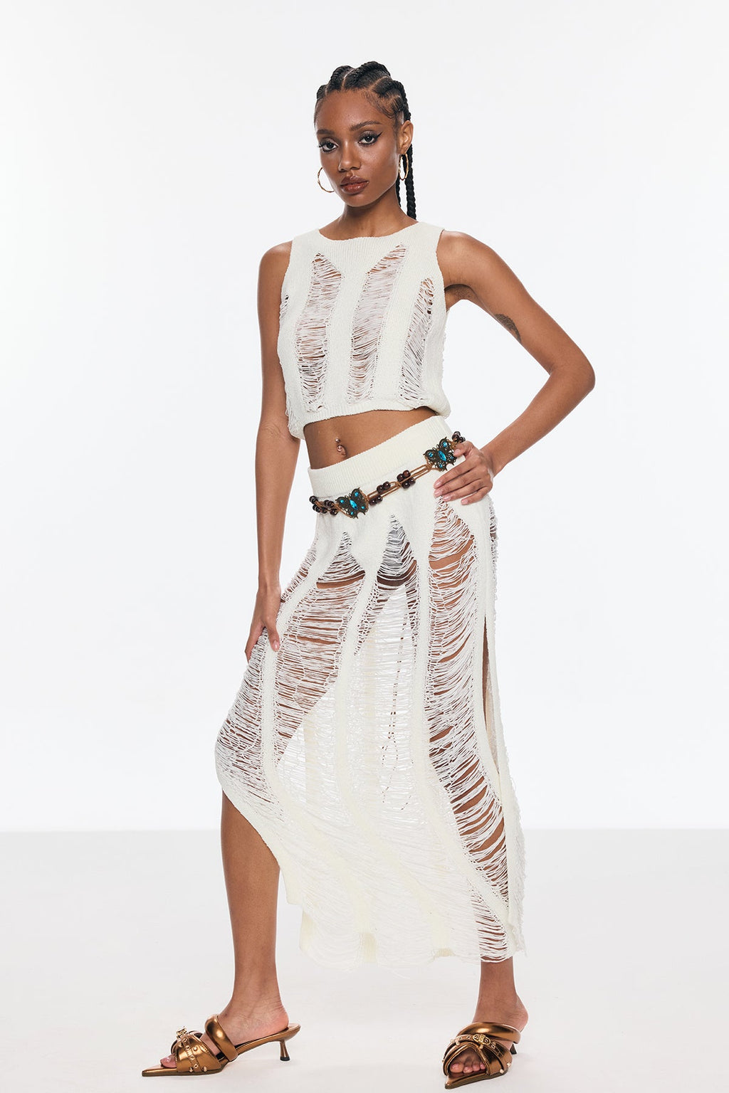 Bem Ripped Cutout Split Knit Skirt Set