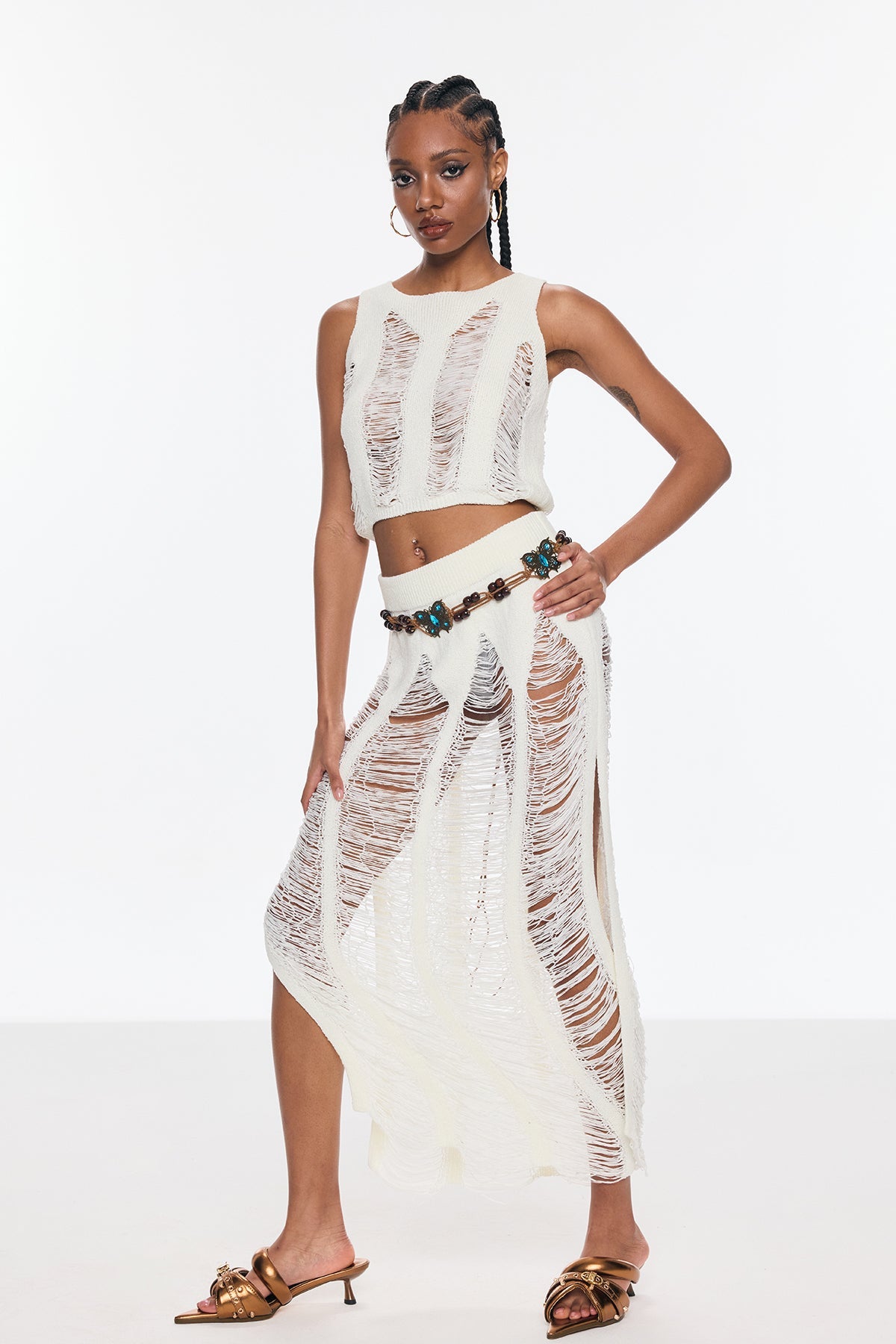 Bem Ripped Cutout Split Knit Skirt Set